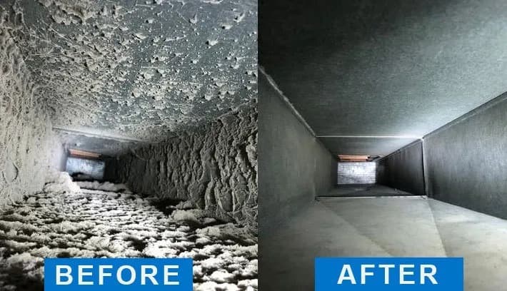 Before and after of a heavily soiled air duct cleaned by ZASFI