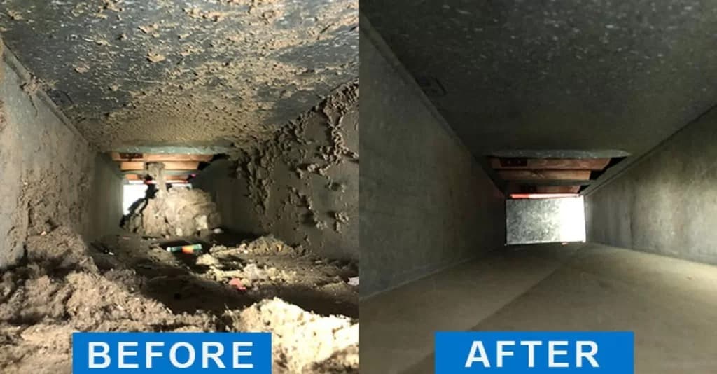 Before and after of a debris-filled return duct restored to clean by ZASFI