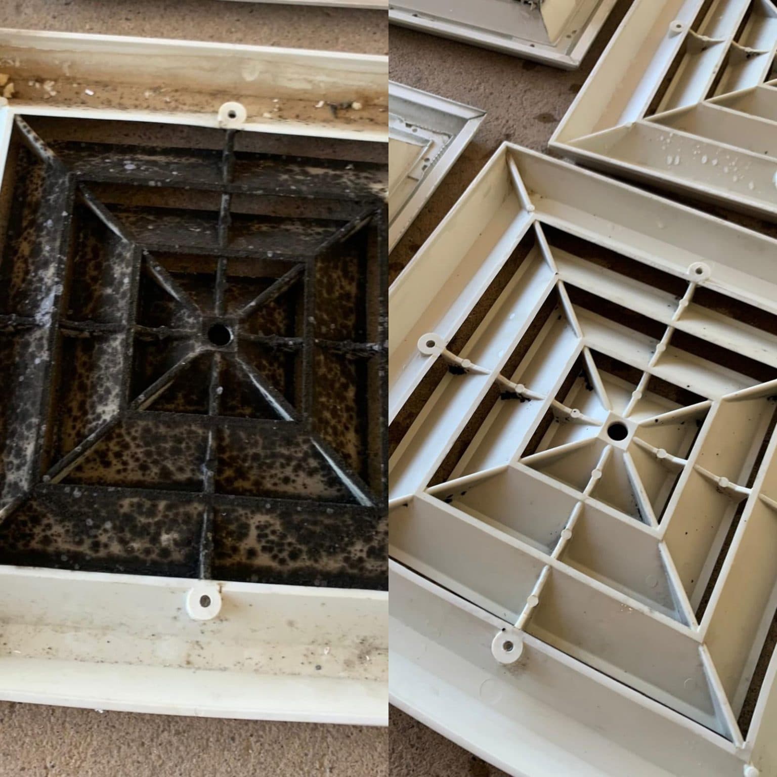 Before and after of a moldy supply vent fully cleaned by ZASFI