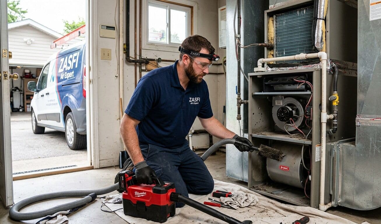 ZASFI technician servicing a furnace and ductwork