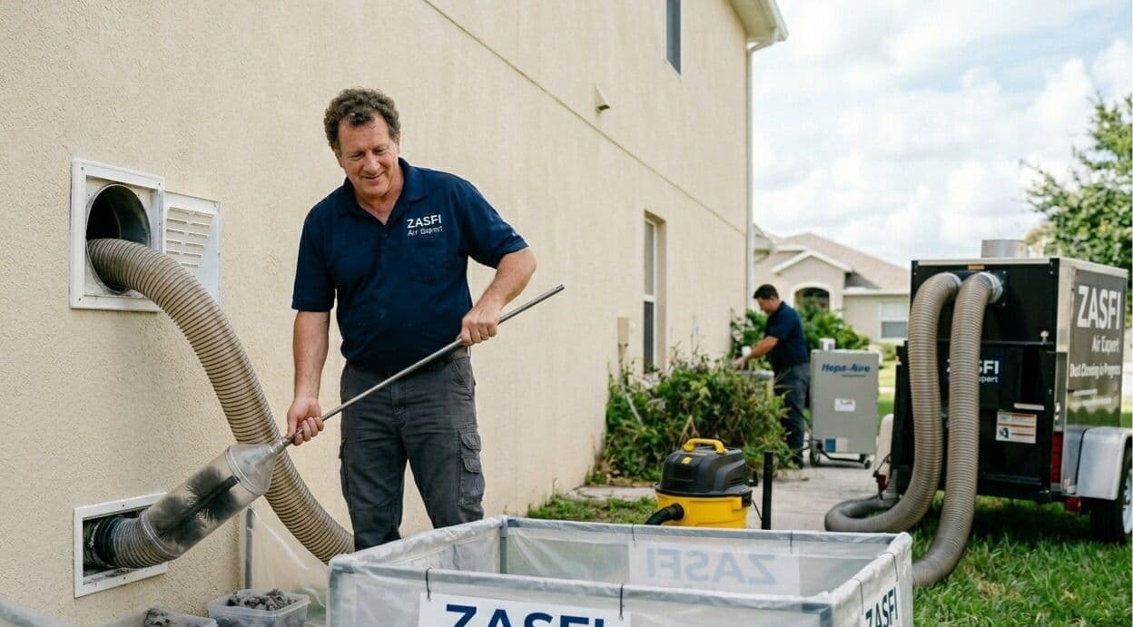 ZASFI technician extracting debris from a dryer vent with branded equipment